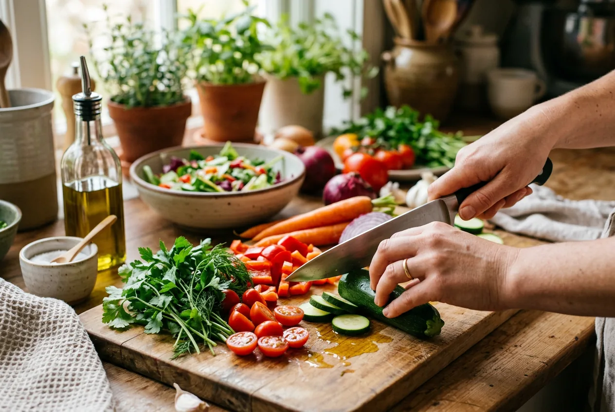 Manos cortando verduras frescas en una cocina luminosa