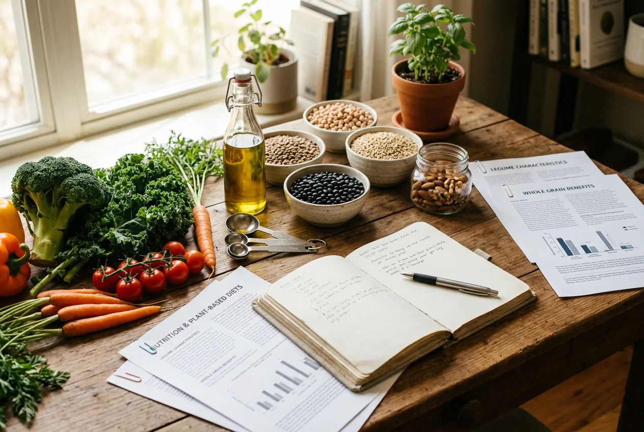 Mesa editorial con verduras, legumbres, cuaderno y artículos de nutrición