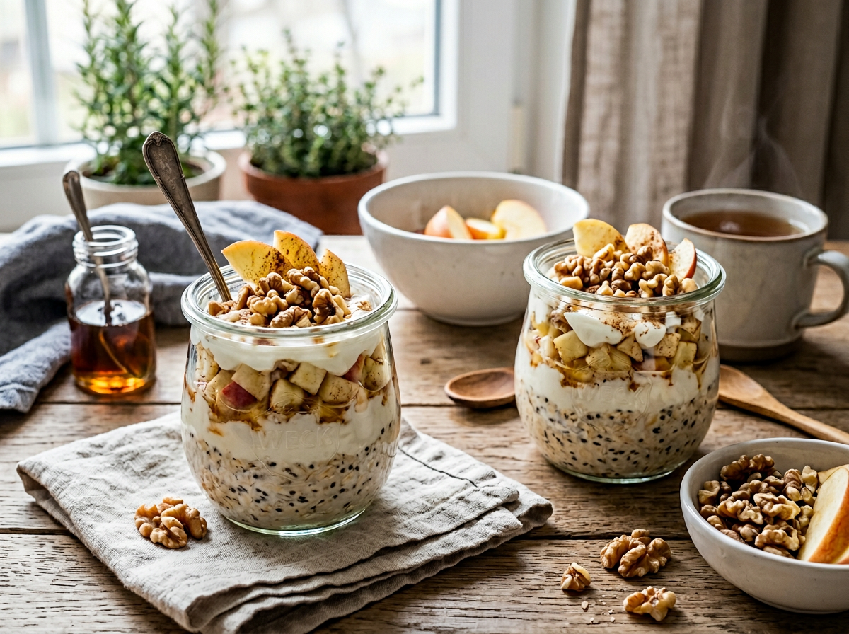 Tarros de overnight oats con manzana, canela, nueces y yogur