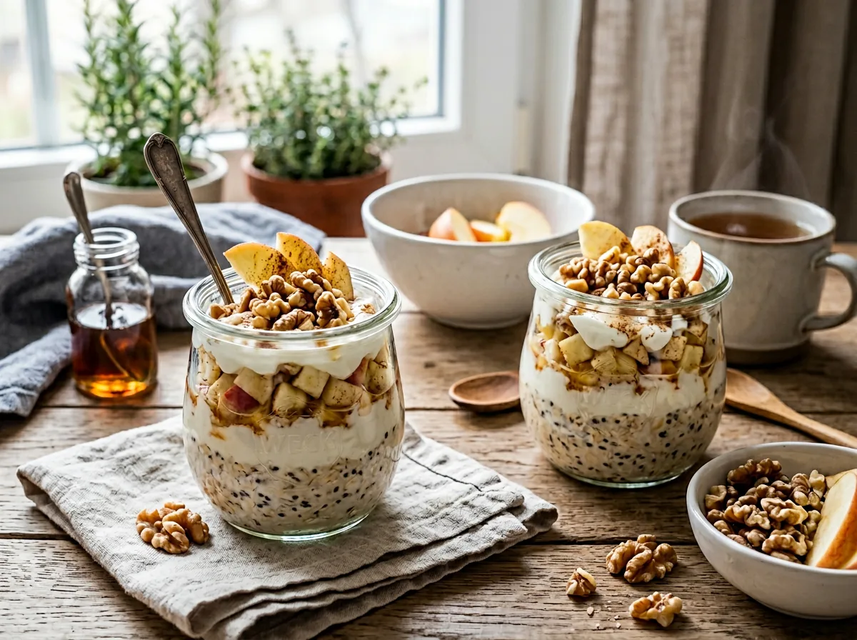 Tarros de overnight oats con manzana, canela, nueces y yogur
