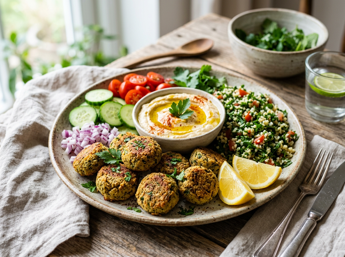 Falafel al horno con hummus, tabulé, pepino, tomate y limón