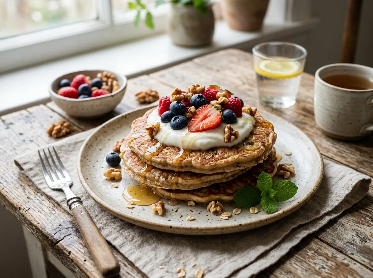 Pancakes de avena y plátano con yogur, frutos rojos y nueces