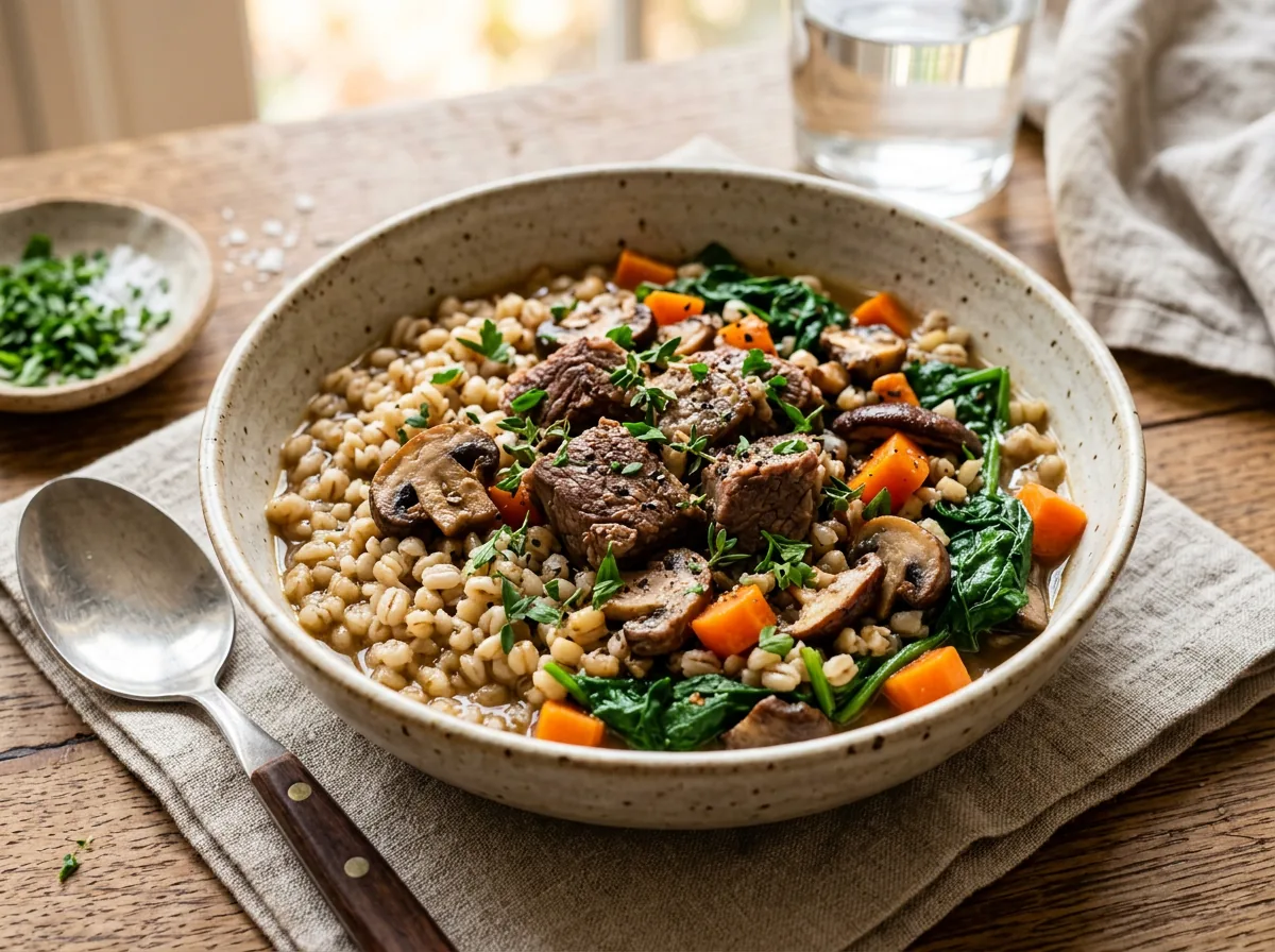 Bowl de cebada con ternera, setas, zanahoria y espinacas