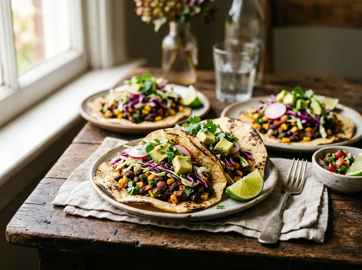 Tacos de maíz con frijoles negros, maíz dulce, col morada, aguacate y lima