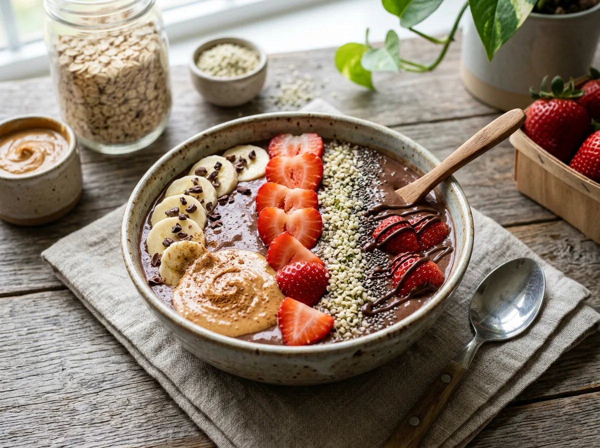 Smoothie bowl de cacao con plátano, fresas, semillas, avena y crema de cacahuete