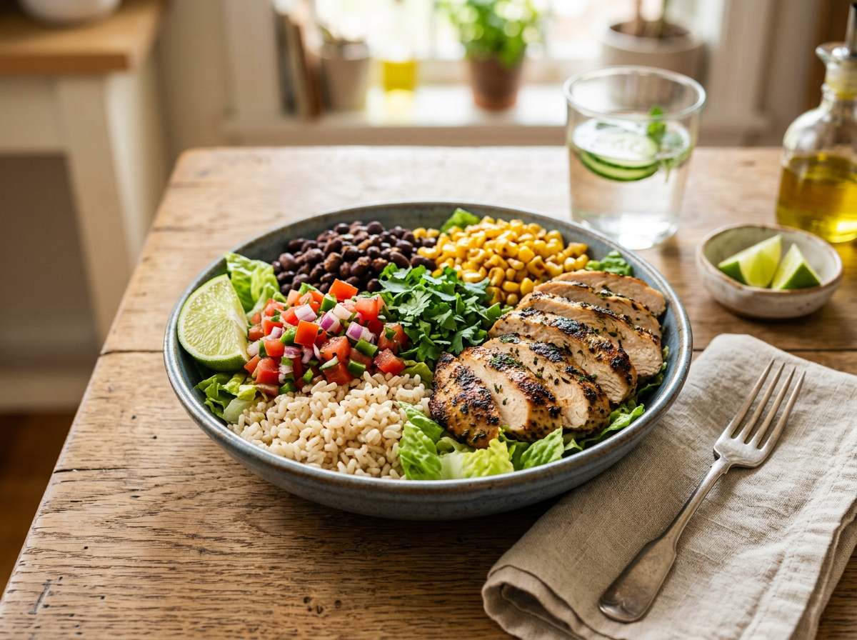 Bowl de pollo a la plancha con arroz integral, frijoles, maíz, pico de gallo y lima