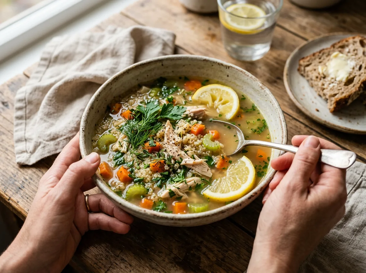 Sopa de pollo con quinoa, zanahoria, apio, hierbas y limón
