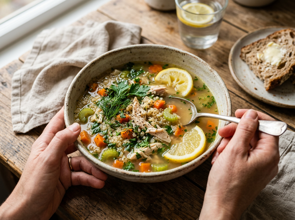 Sopa de pollo con quinoa, zanahoria, apio, hierbas y limón