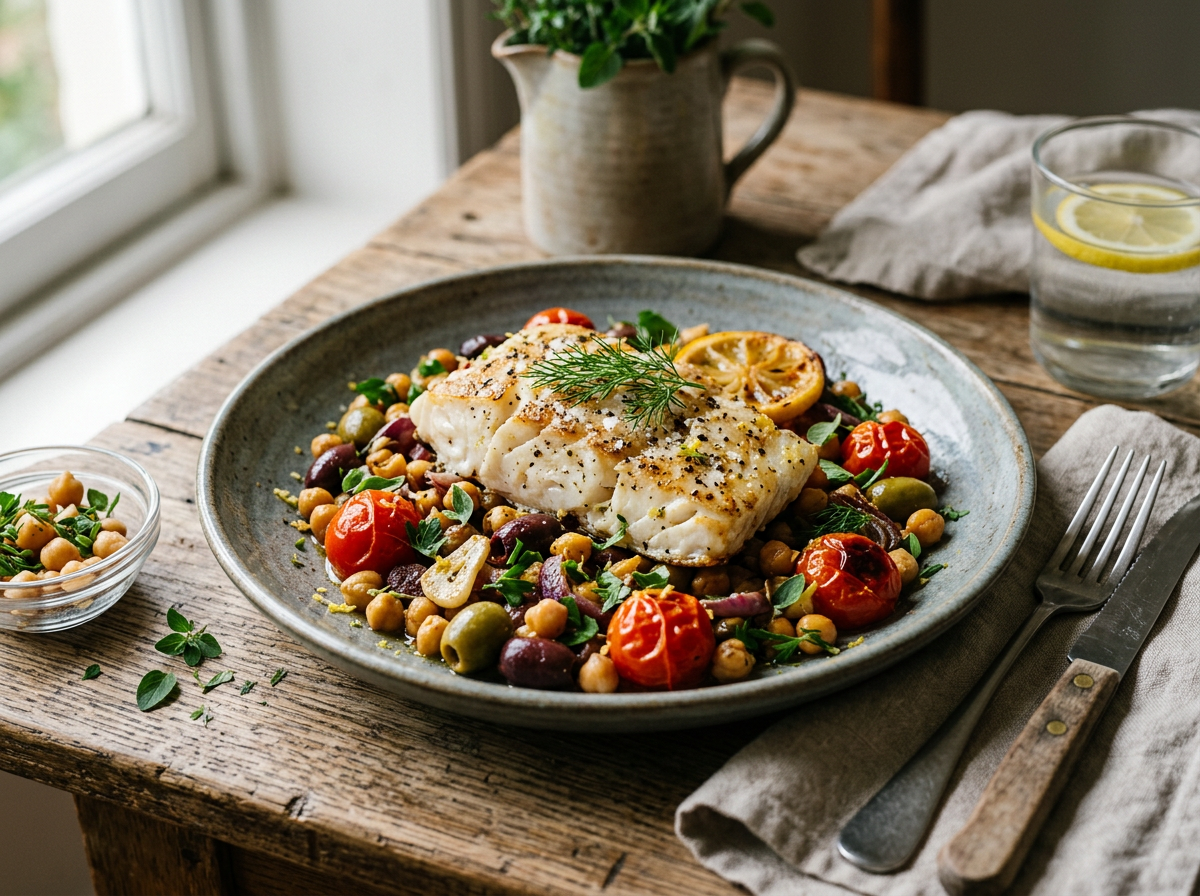 Bacalao con tomates asados, aceitunas, garbanzos y hierbas