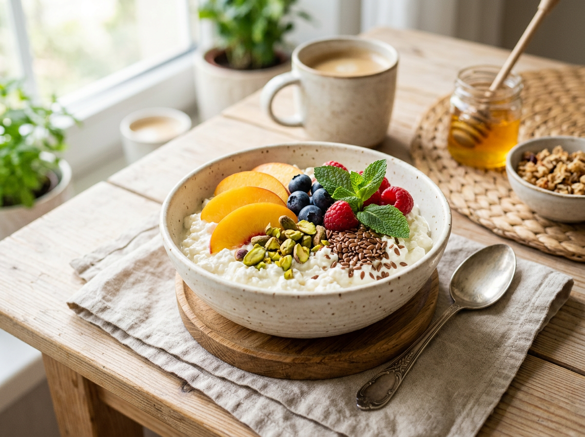 Bowl de cottage cheese con melocotón, frutos rojos, pistachos y semillas