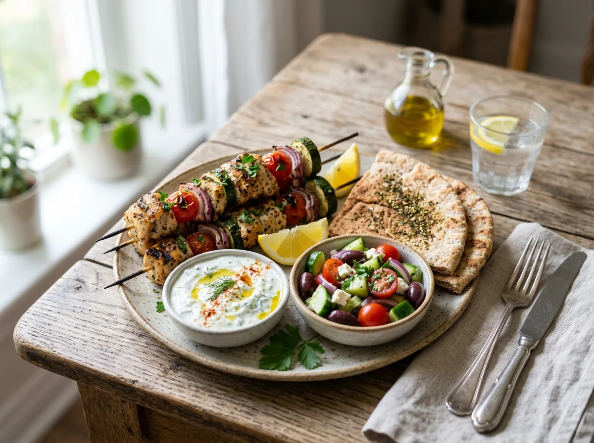 Brochetas de pollo griegas con tzatziki, ensalada y pita integral