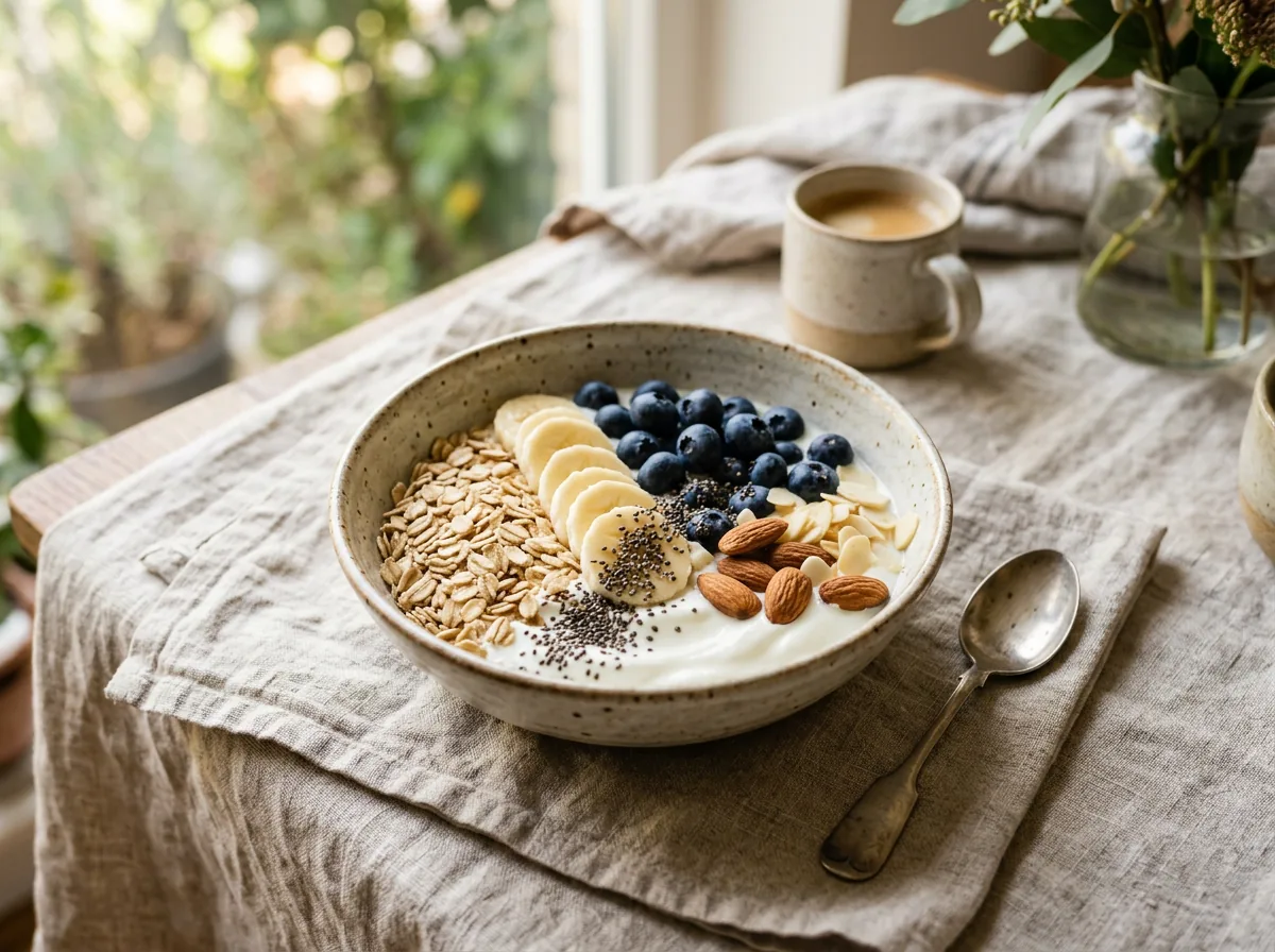 Bowl de yogur griego con avena, plátano, arándanos, chía y almendras