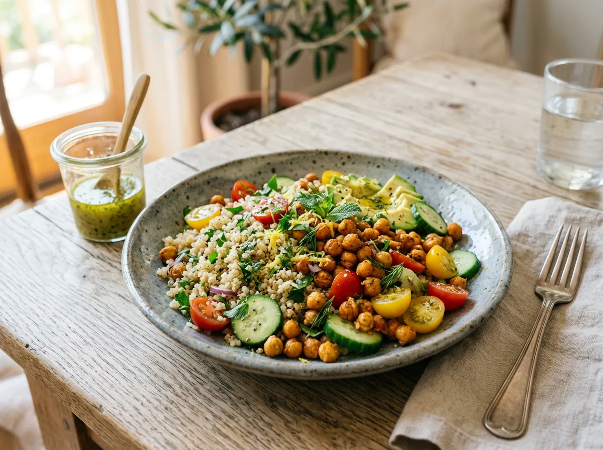 Ensalada de quinoa con garbanzos tostados, pepino, tomates y aguacate
