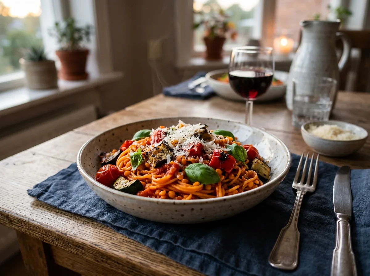 Pasta de lenteja roja con tomate, verduras asadas, albahaca y parmesano
