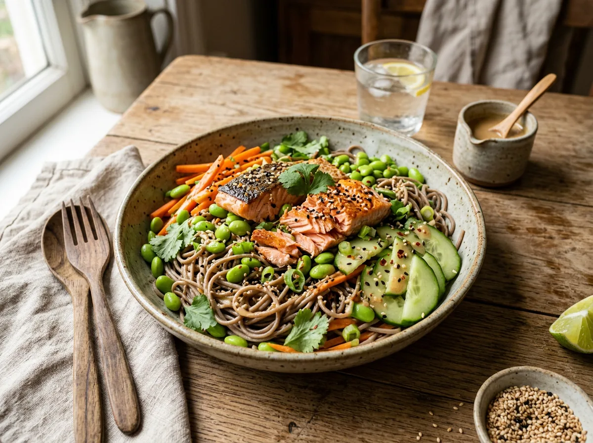 Ensalada de fideos soba con salmón, edamame, pepino, zanahoria y sésamo
