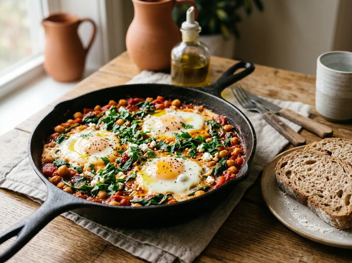 Shakshuka de huevos con tomate, garbanzos, espinacas y perejil