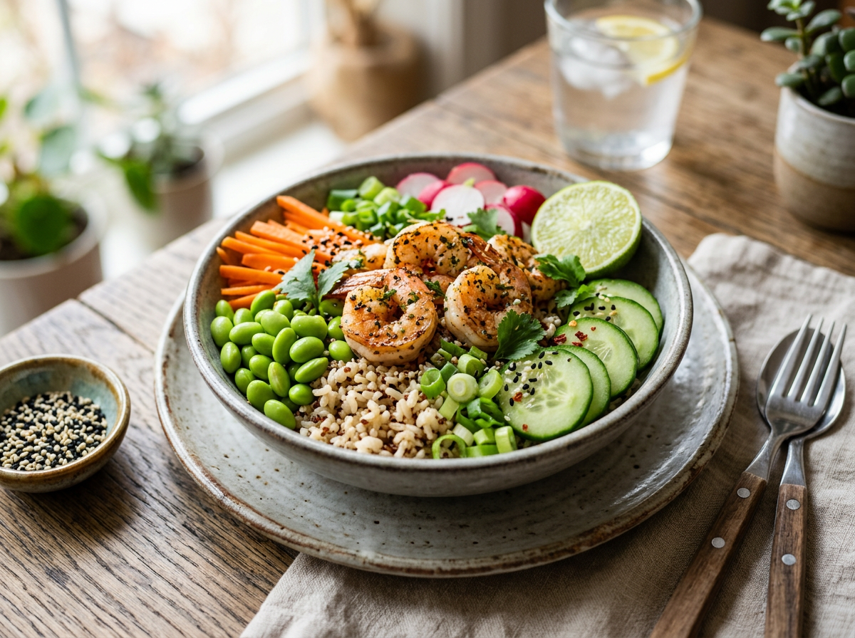 Bowl de langostinos con edamame, arroz, pepino, zanahoria y lima
