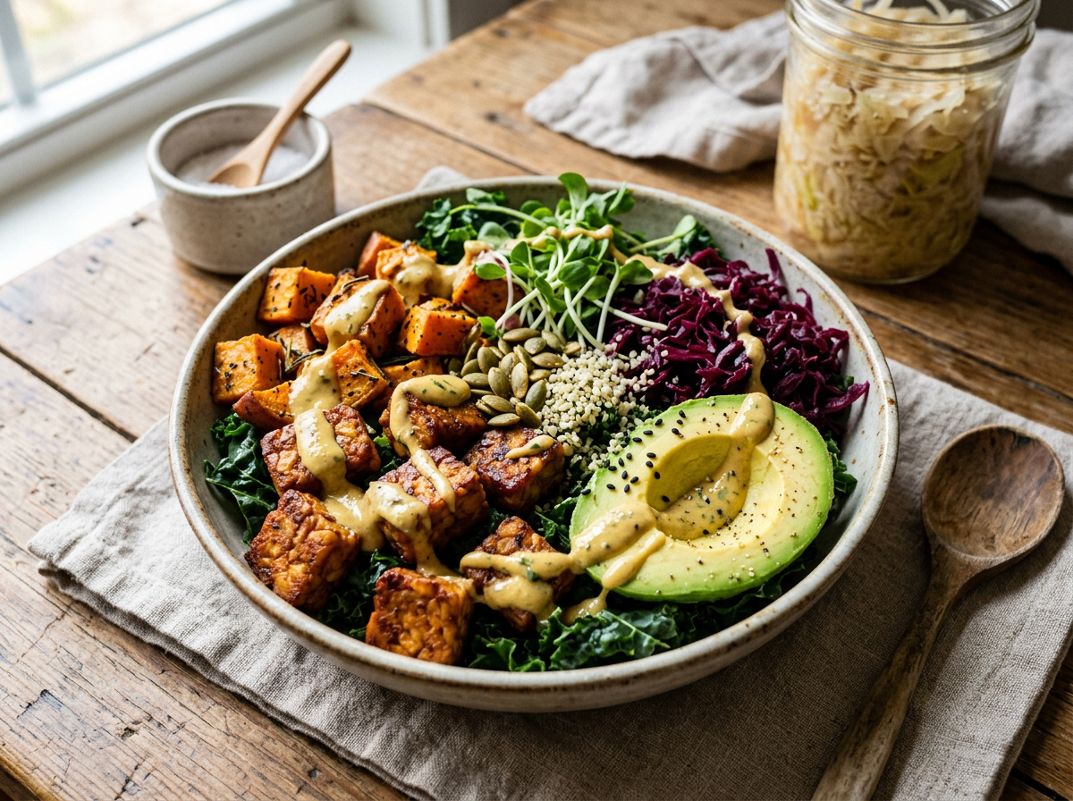 Bowl de tempeh con boniato, kale, aguacate y salsa tahini