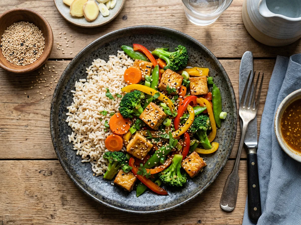 Tofu salteado con verduras, arroz integral y semillas de sésamo