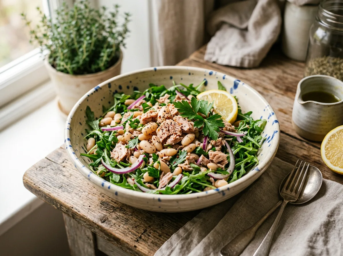 Ensalada de atún con alubias blancas, rúcula, cebolla roja, limón y perejil