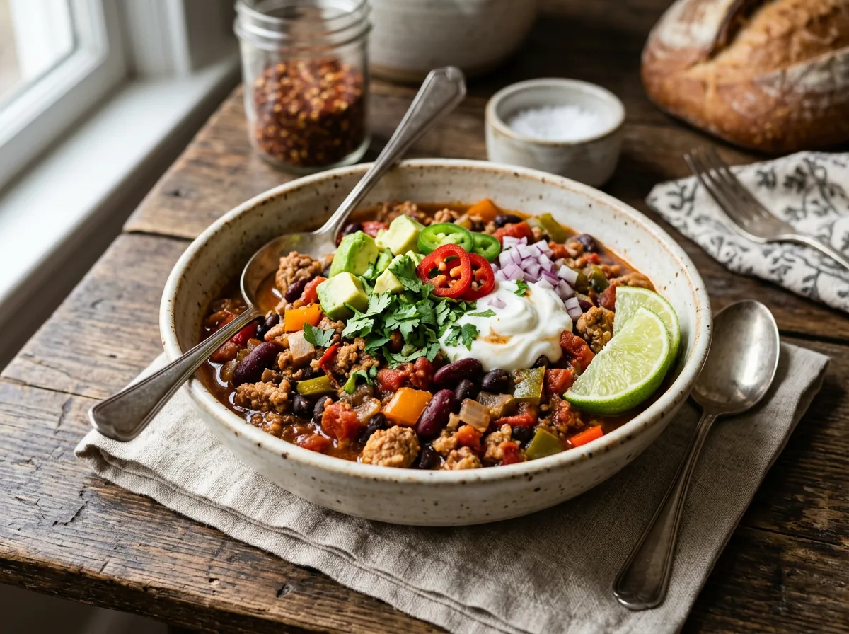 Chili de pavo con frijoles, tomate, pimiento, aguacate, cilantro y lima
