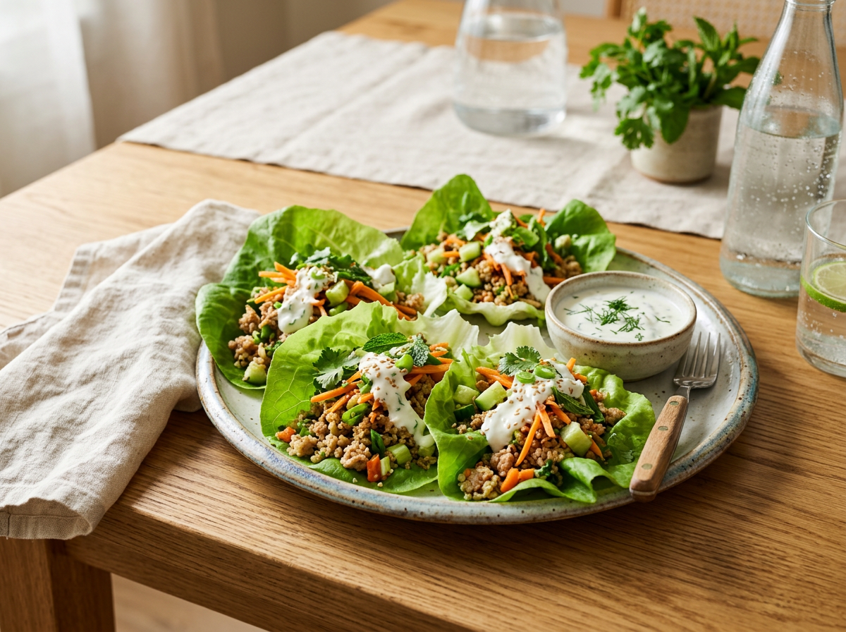 Wraps de hojas de lechuga con pavo, quinoa, zanahoria y salsa de yogur
