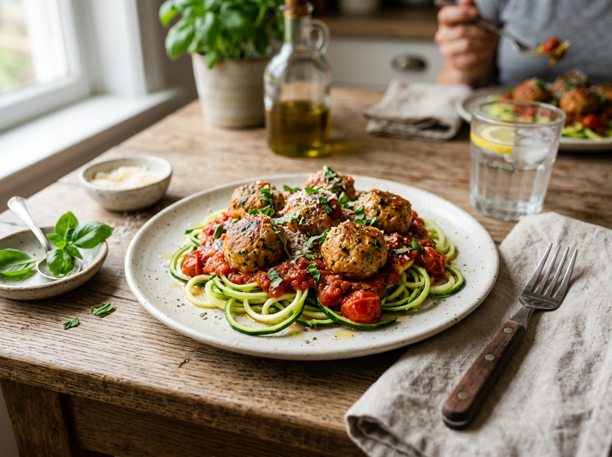 Albóndigas de pavo con zoodles de calabacín y salsa de tomate